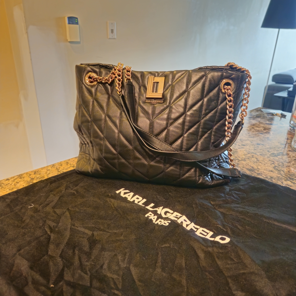 Karl Lagerfeld Black Quilted Shoulder Bag with Gold Chain - Picture 2 of 4